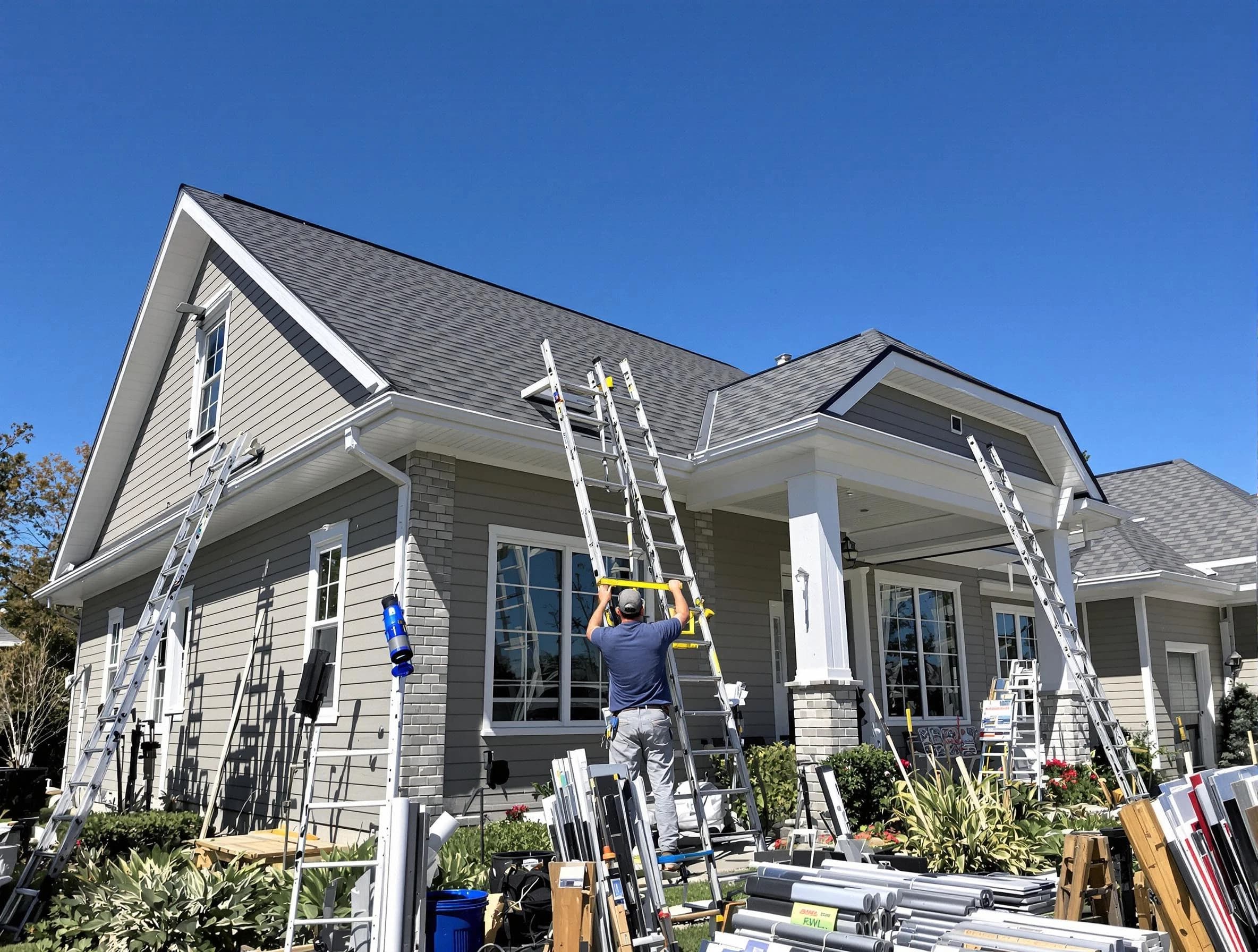 Elyria Roofing Company fitting rain gutters at a home in Elyria, OH