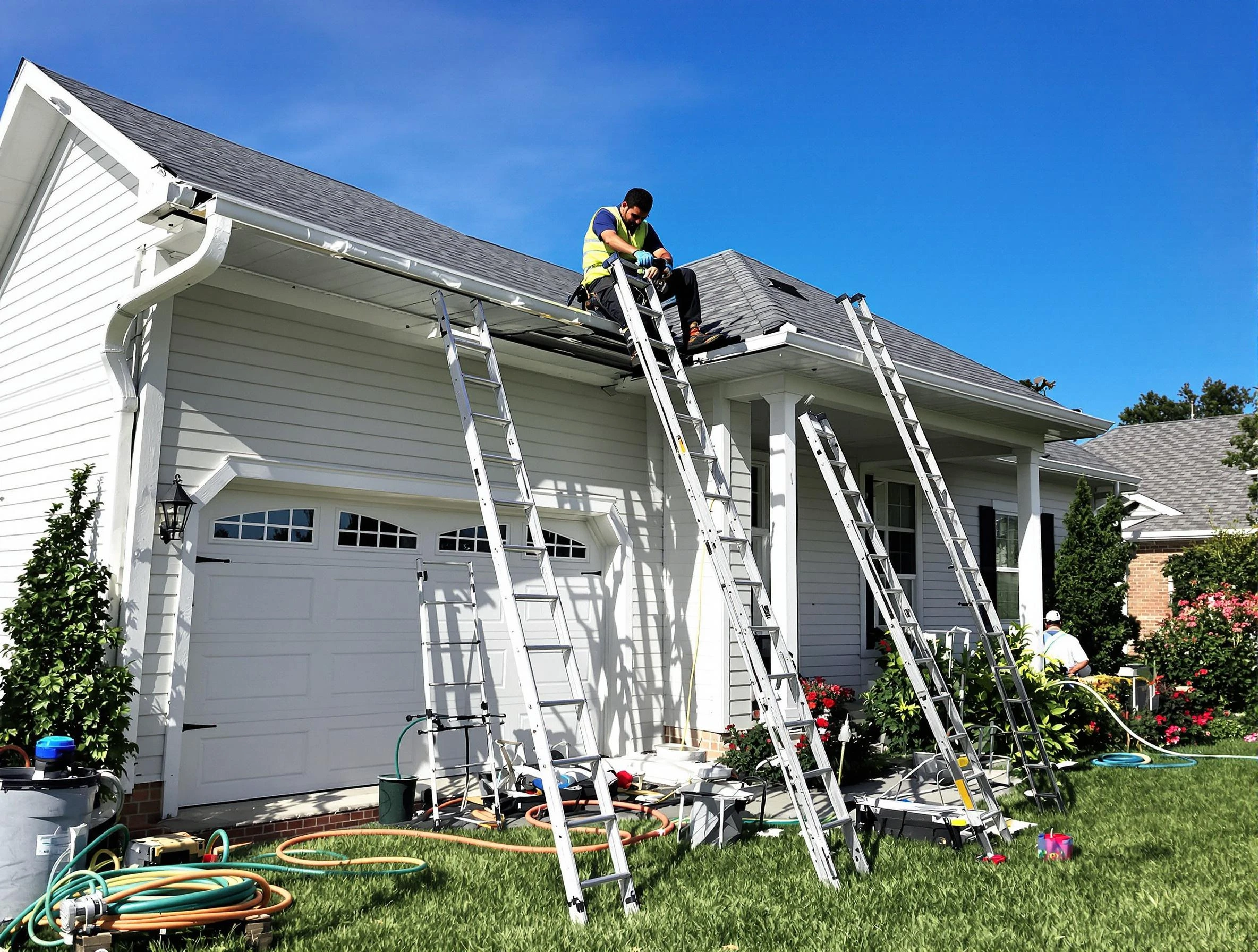 Removal of old gutters by Elyria Roofing Company to install new system in Elyria, OH